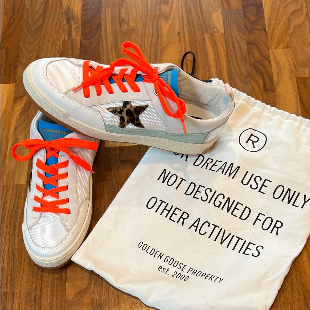 Golden Goose White Sneakers with Animal Print Stars & Bright Orange Laces